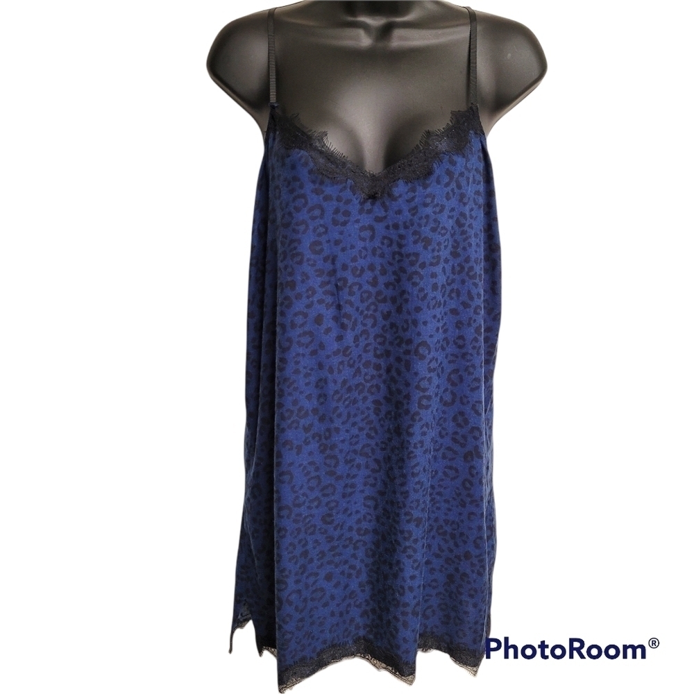 Jenni Navy Blue Leopard Print Black Lace Trim Chemise Night Slip Dress Women's S